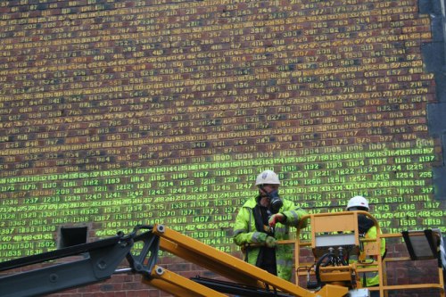 PJ Moore and Jen Wu on the cherrypicker, 11 Sep 2013