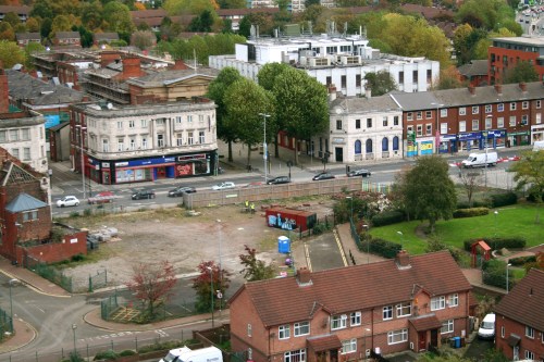 Aerial view of reconstruction site from Jeff Herring's balcony in Arthur Millwood Court.  23 Oct 2014.